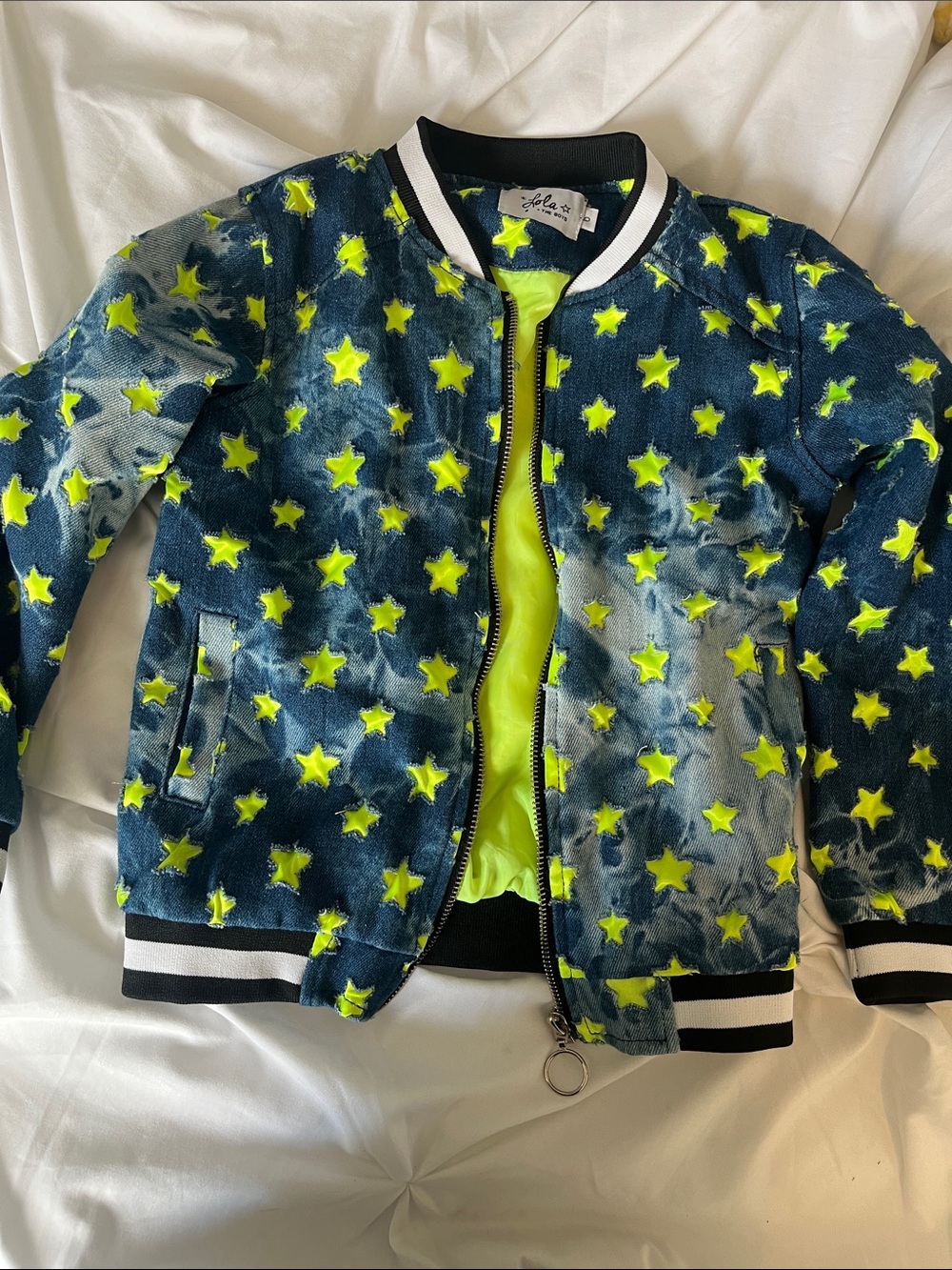 Lola + The Boys Neon Star Denim Bomber Jacket - Blue & Neon Yellow